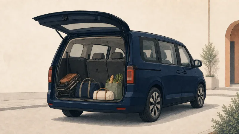 Gefalteter Kinderwagen und Gepäck hinter der aufrechten dritten Sitzreihe eines Familienautos