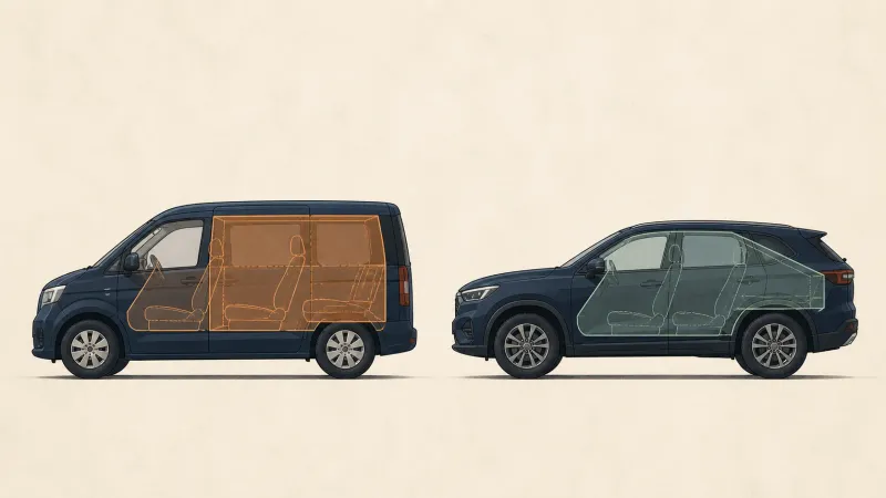 Redaktioneller Raumvergleich zwischen einem Familienvan und einem SUV